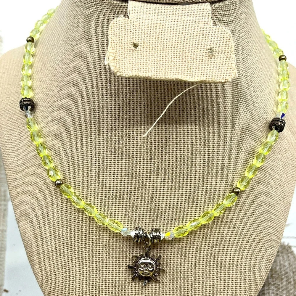 Vintage Handmade Silver Sun Pendant Necklace with Green Faceted Crystals